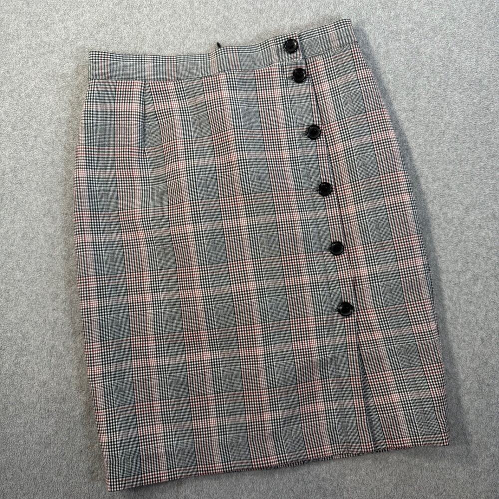 H&M Women's 6 Plaid Pencil Skirt Faux Wrap Button Front Grey Red Knee Length
